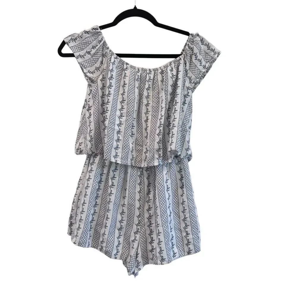 Charlotte Russe XS White Blue Floral Stripe Off Shoulder Romper Tie Back Rayon